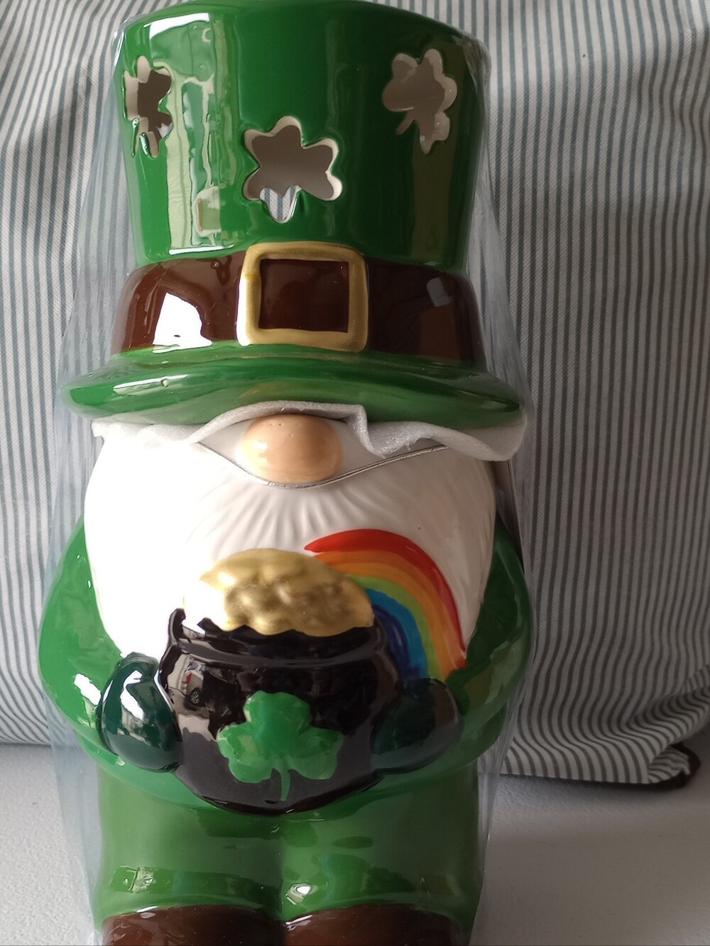 NIB Mr. Christmas Gnome LED Cookie Jar - Green with Rainbow & Pot of Gold